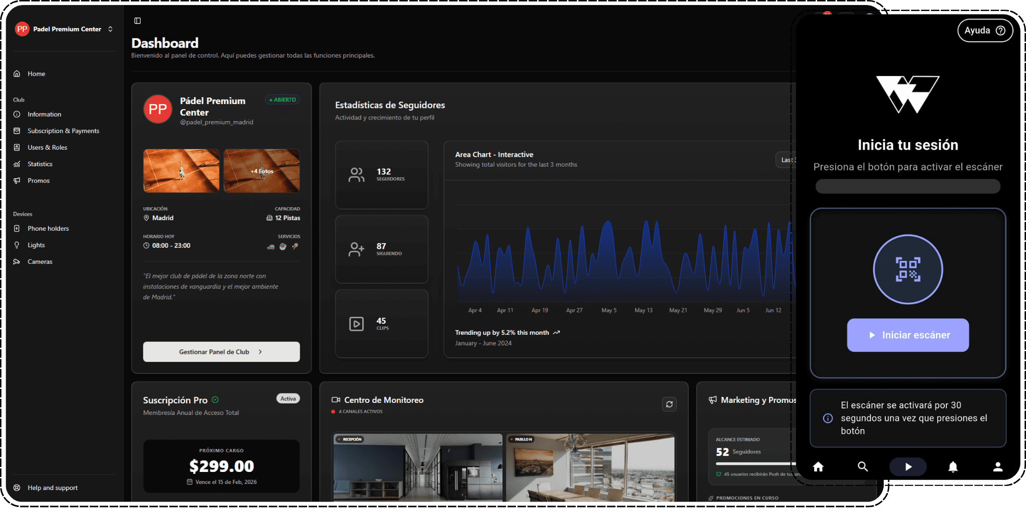 Pantallas del sistema WatchThis mostrando la app de jugadores, el portal de administración y los dispositivos IoT instalados en cancha